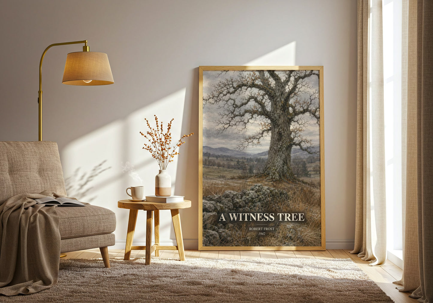 A Witness Tree watercolour print in frame leaning in hallway – poetry wall art