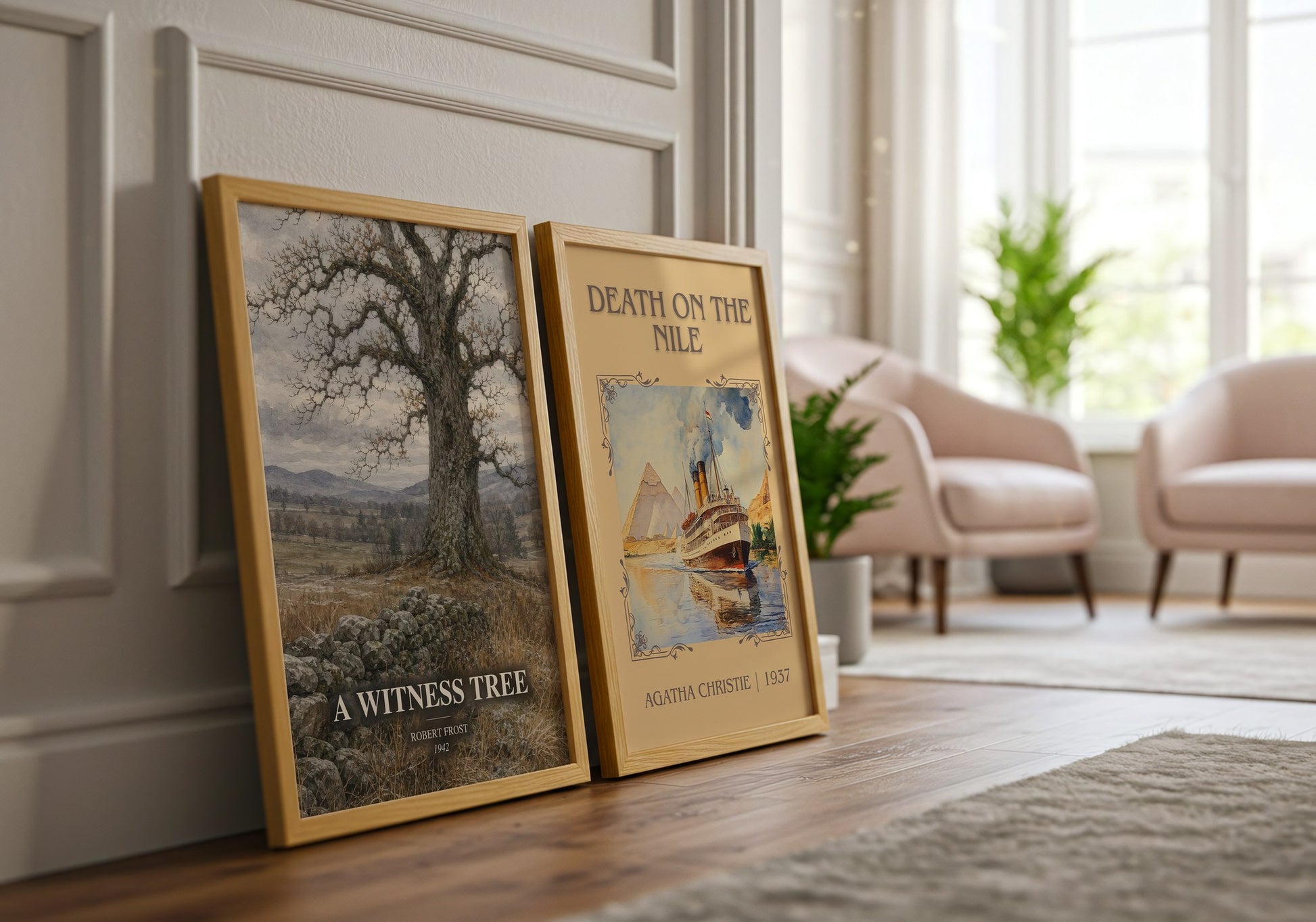A Witness Tree watercolour print framed by window – literary home decor