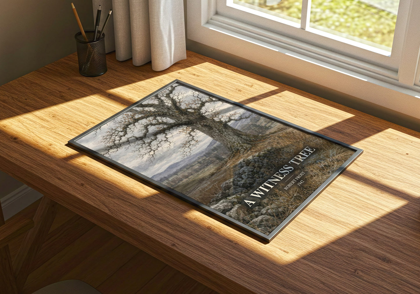 A Witness Tree watercolour book poster framed on wall – poetry wall art