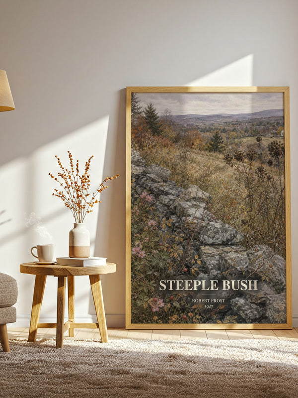 Steeple Bush watercolour print in frame leaning in hallway – poetry wall art