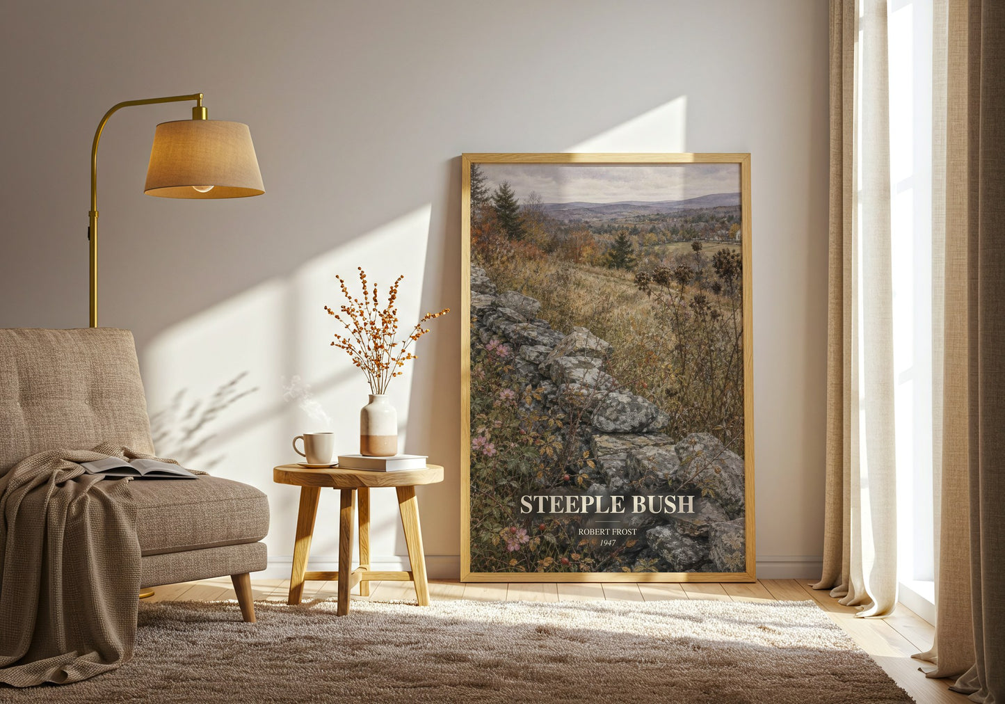 Steeple Bush watercolour print in frame leaning in hallway – poetry wall art
