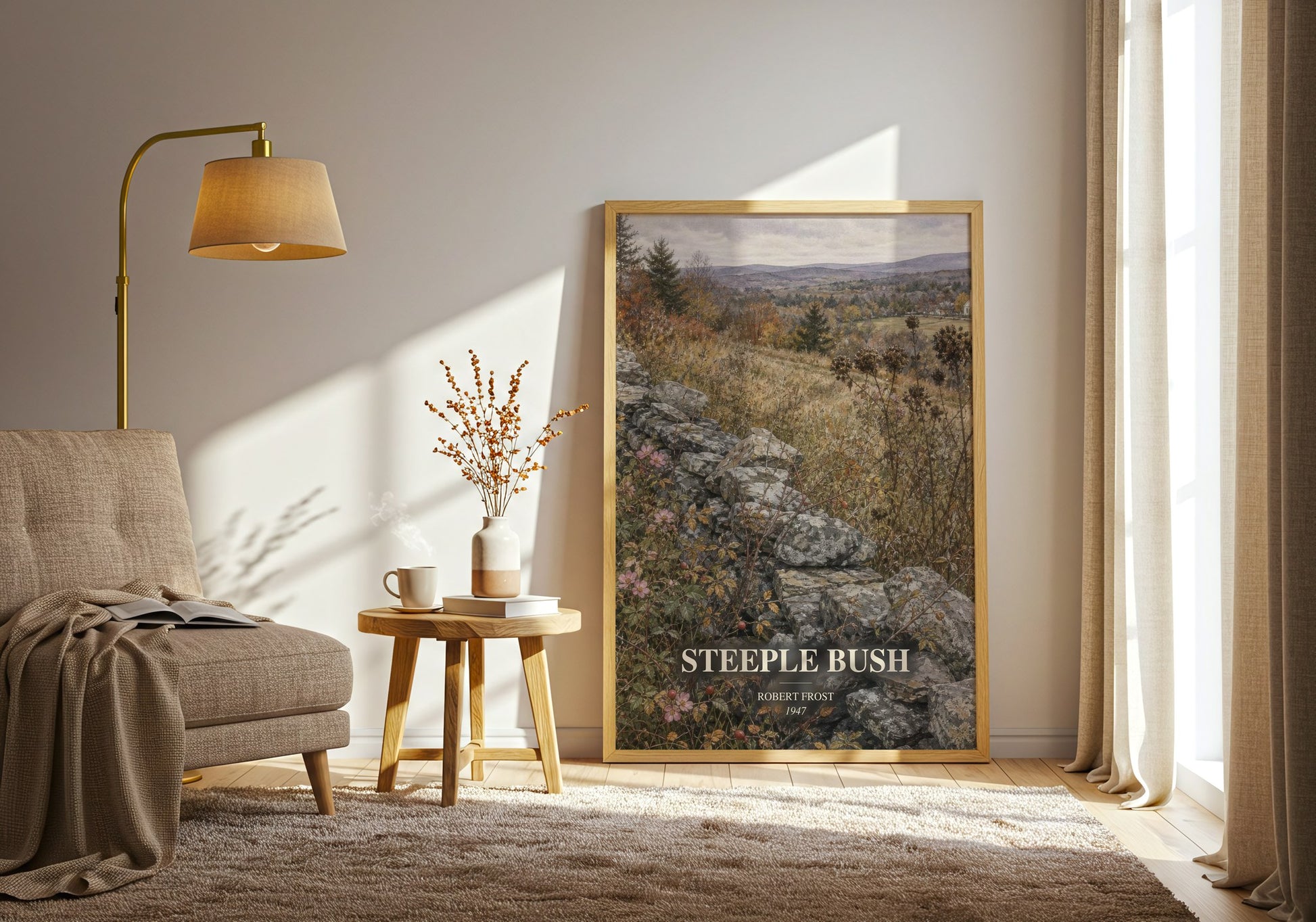 Steeple Bush watercolour print in frame leaning in hallway – poetry wall art