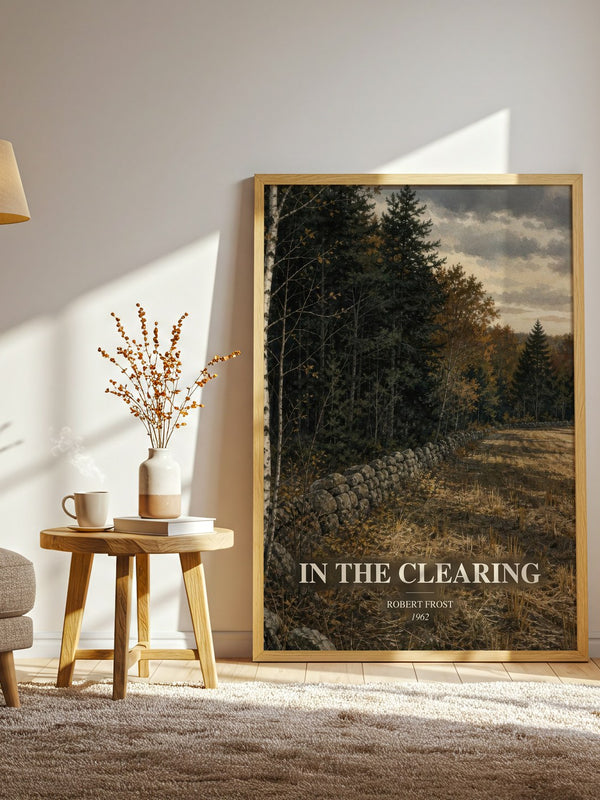 In The Clearing watercolour print in frame leaning in hallway – poetry wall art