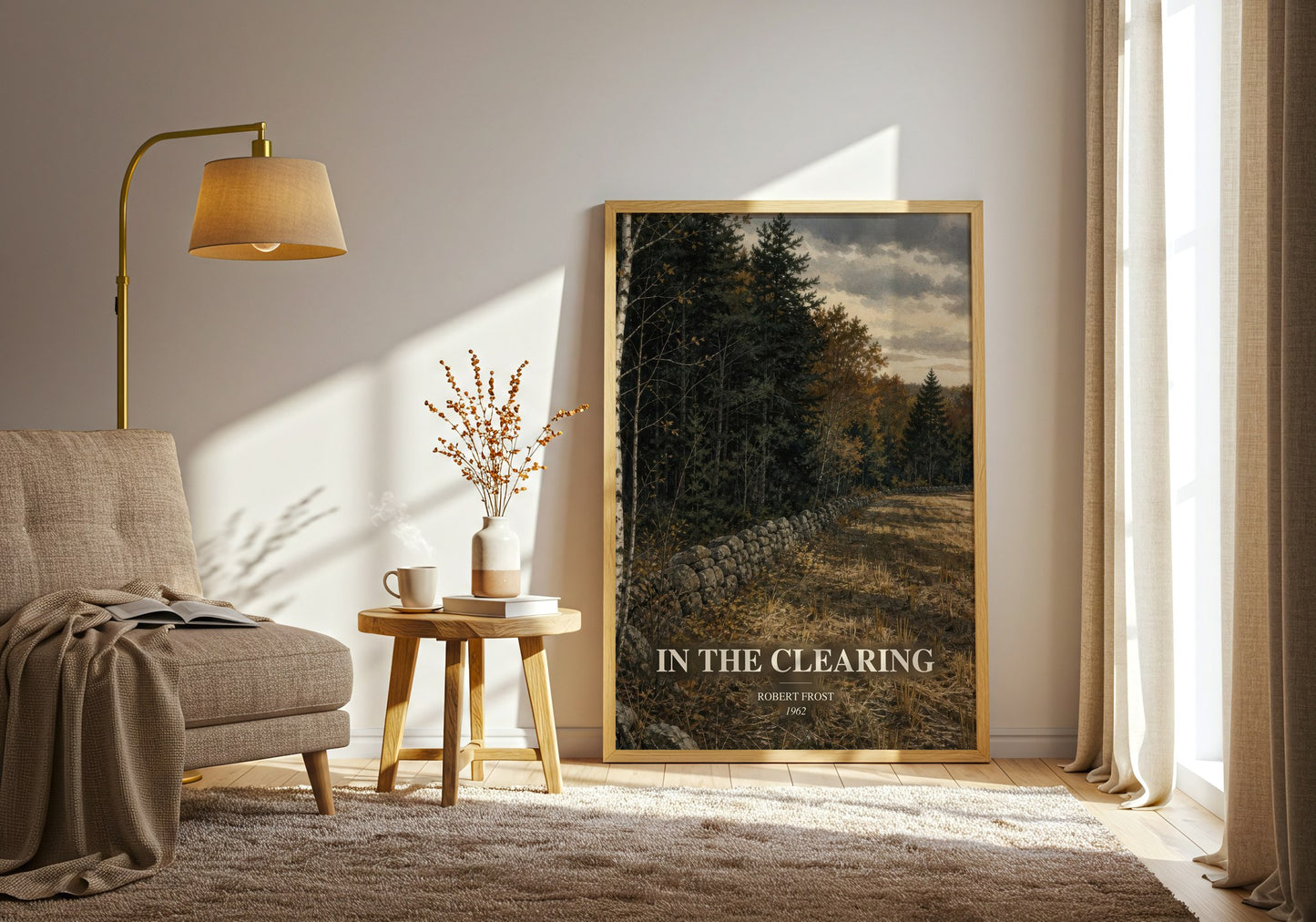 In The Clearing watercolour print in frame leaning in hallway – poetry wall art