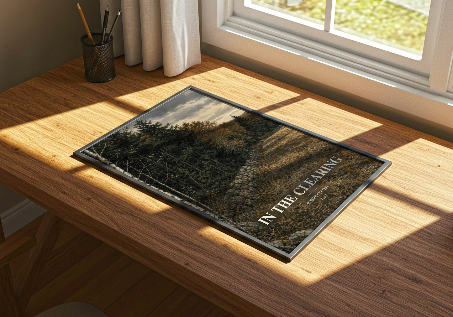 In The Clearing watercolour book poster framed on wall – poetry wall art