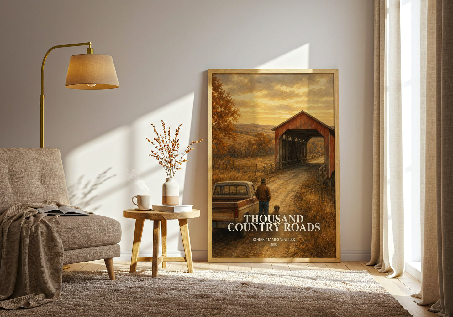 Thousand Country Roads watercolour print in frame leaning in hallway – romance wall art