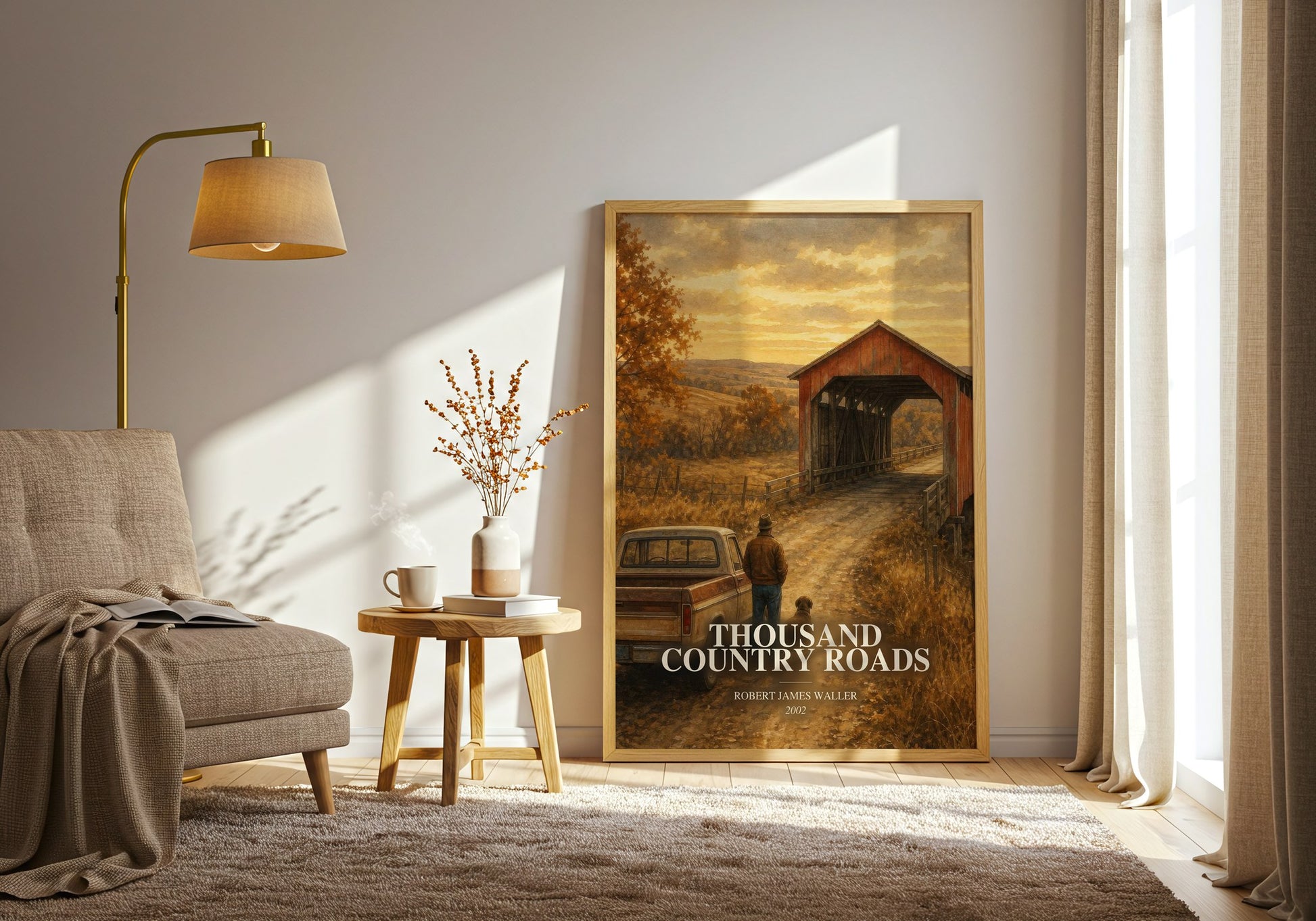 Thousand Country Roads watercolour print in frame leaning in hallway – romance wall art