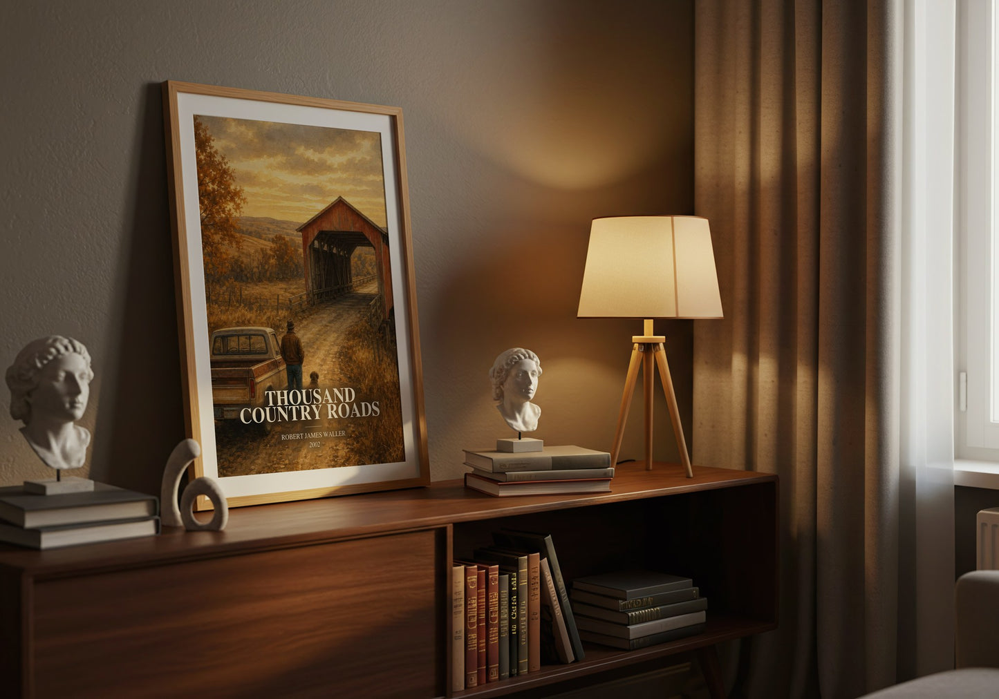 Thousand Country Roads watercolour print on bookshelf – Robert James Waller fan gift
