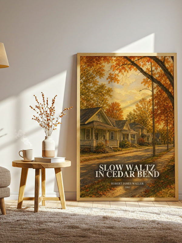 Slow Waltz In Cedar Bend watercolour print in frame leaning in hallway – romance wall art