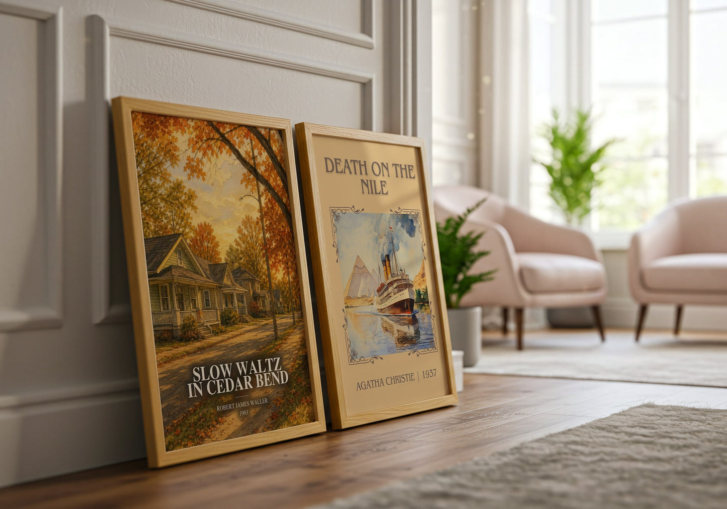Slow Waltz In Cedar Bend watercolour print framed by window – literary home decor