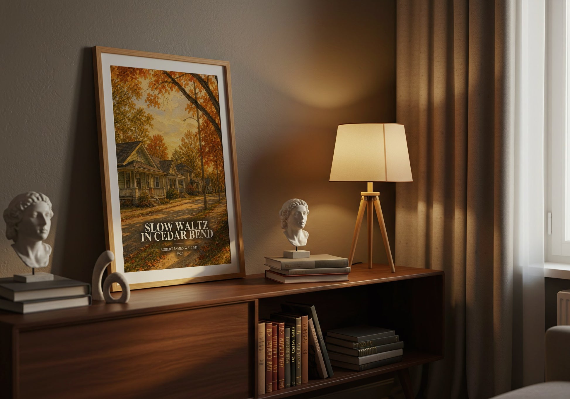 Slow Waltz In Cedar Bend watercolour print on bookshelf – Robert James Waller fan gift