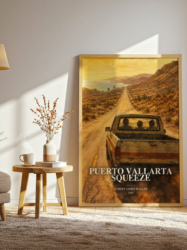 Puerto Vallarta Squeeze watercolour print in frame leaning in hallway – thriller wall art