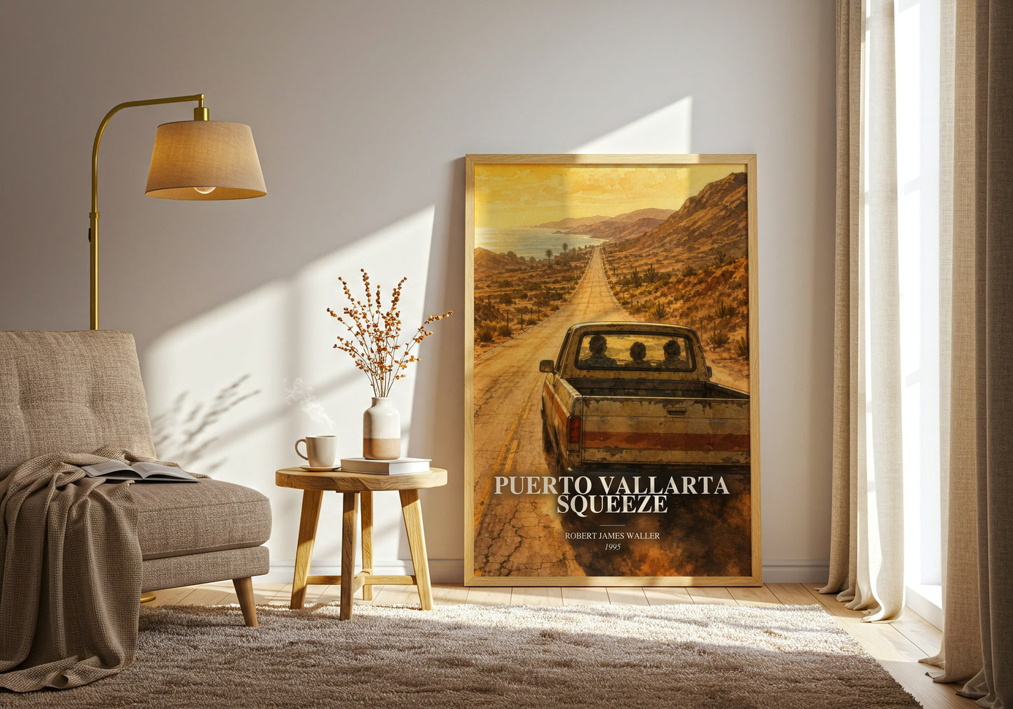Puerto Vallarta Squeeze watercolour print in frame leaning in hallway – thriller wall art