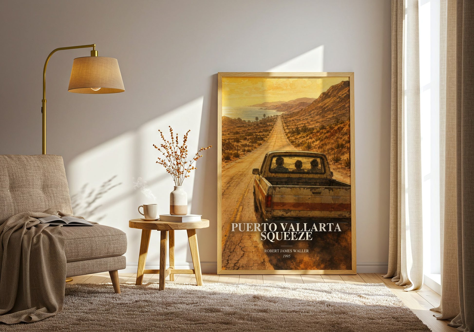 Puerto Vallarta Squeeze watercolour print in frame leaning in hallway – thriller wall art