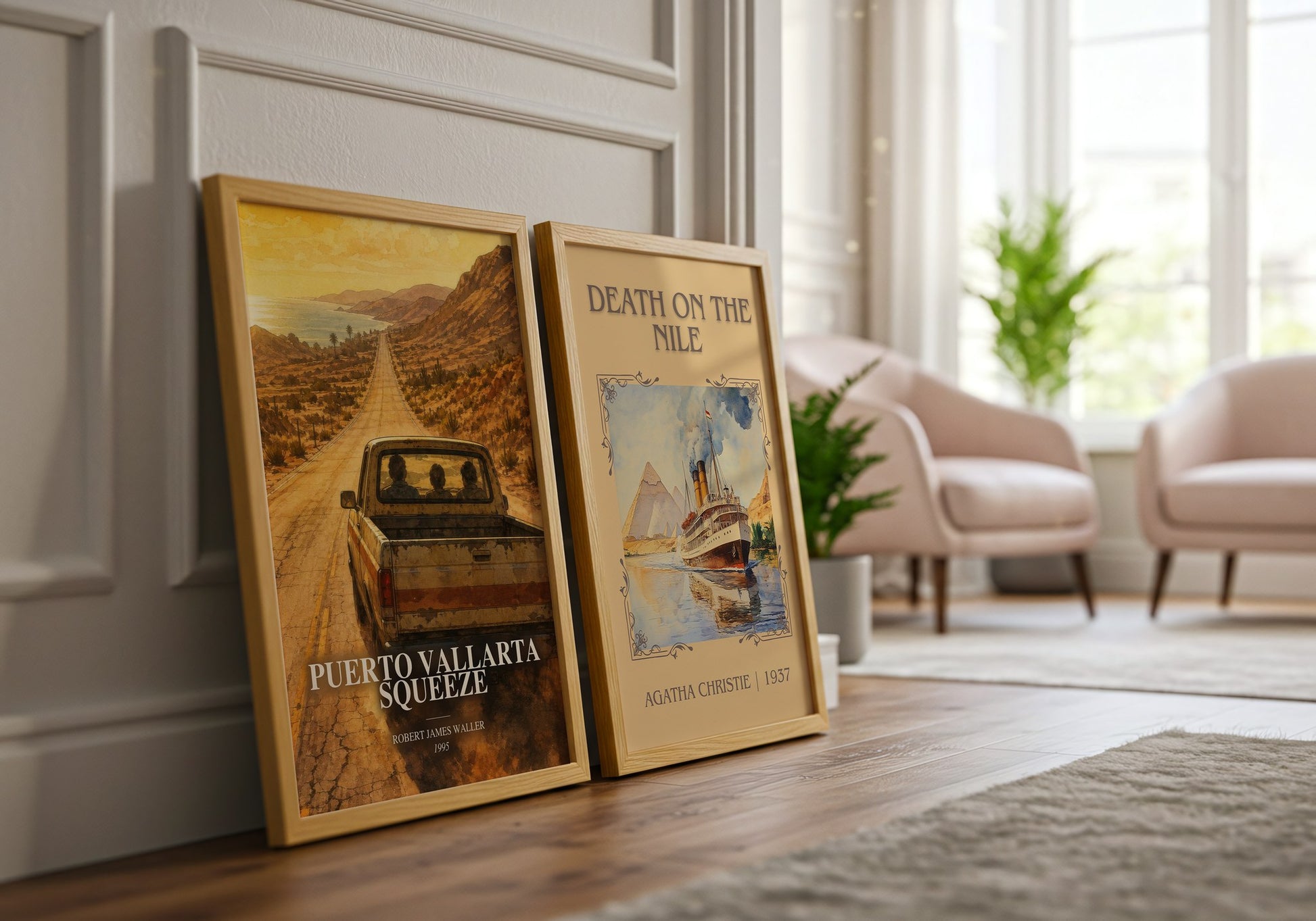 Puerto Vallarta Squeeze watercolour print framed by window – literary home decor
