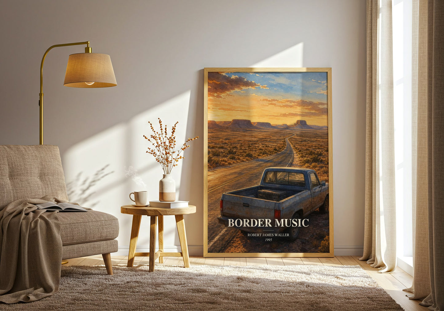 Border Music watercolour print in frame leaning in hallway – romance wall art