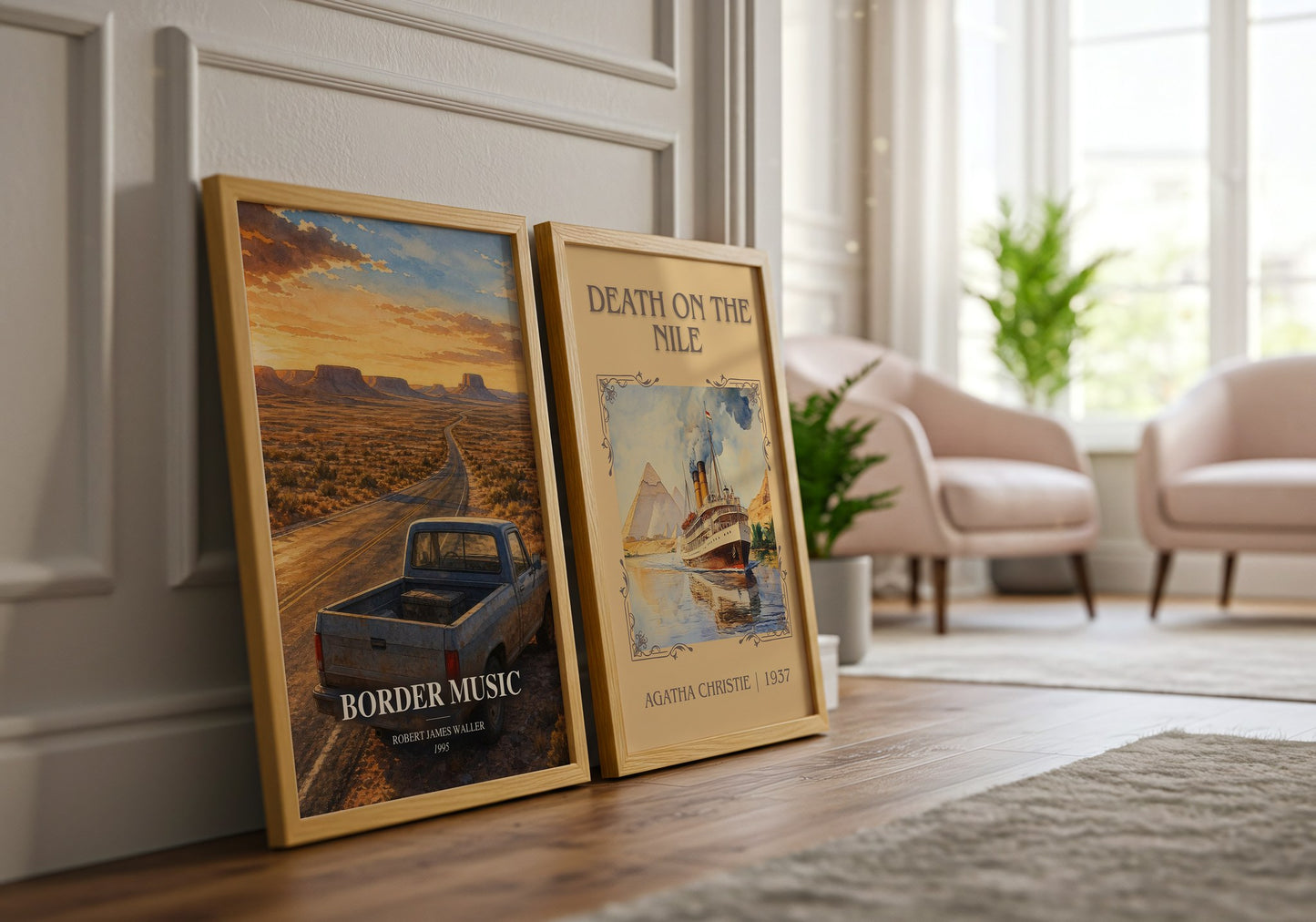 Border Music watercolour print framed by window – literary home decor