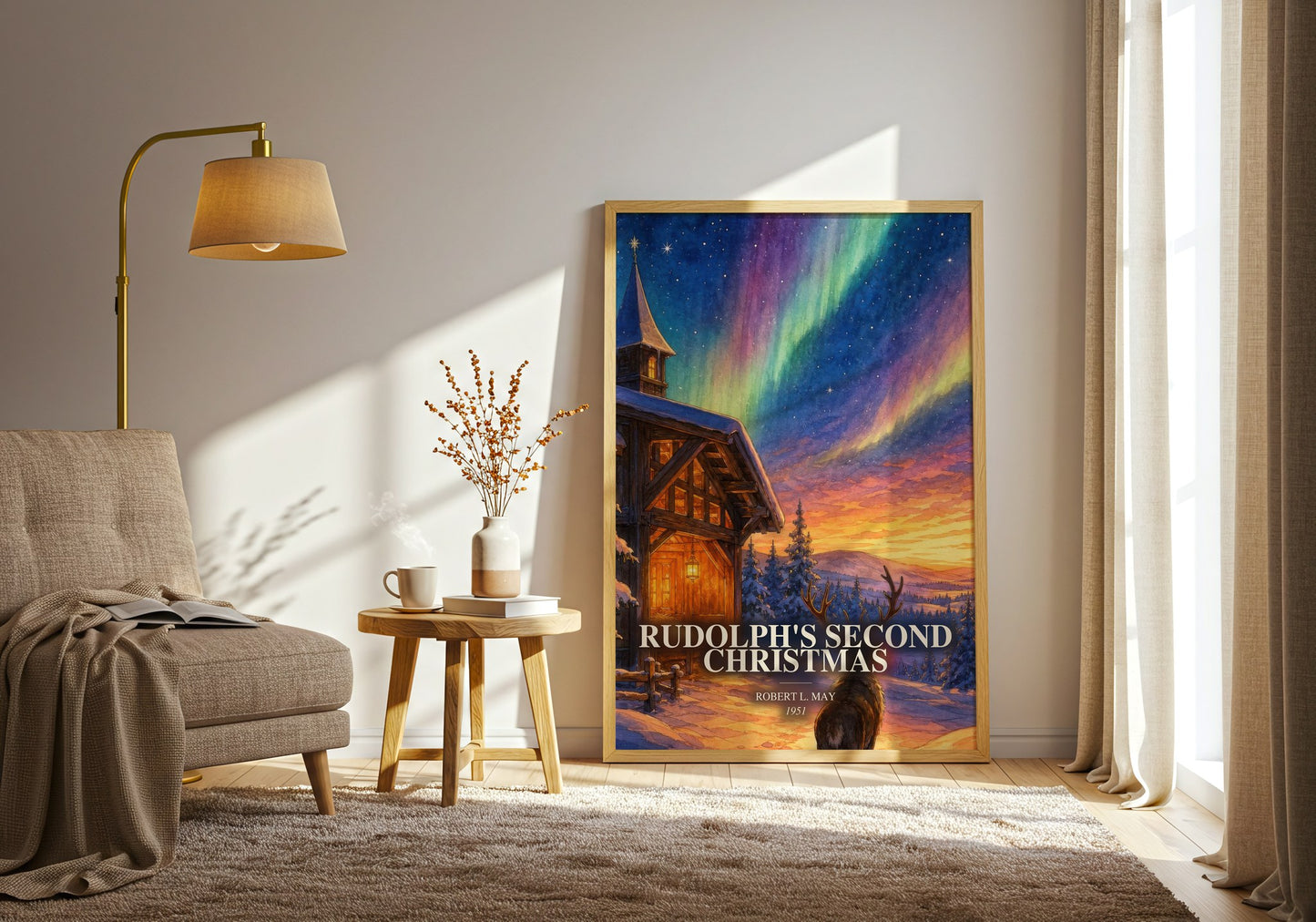 Rudolph'S Second Christmas watercolour print in frame leaning in hallway – childrens wall art