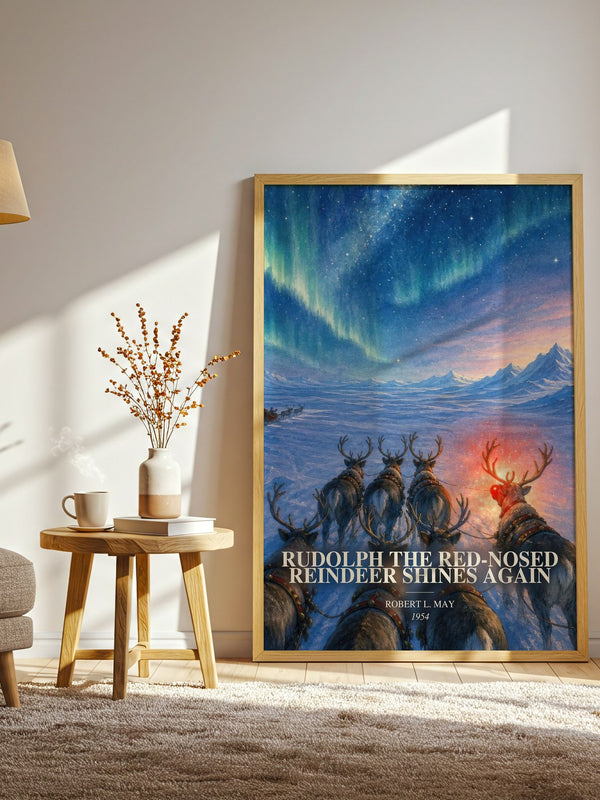 Rudolph The Red-Nosed Reindeer Shines Again watercolour print in frame leaning in hallway – childrens wall art