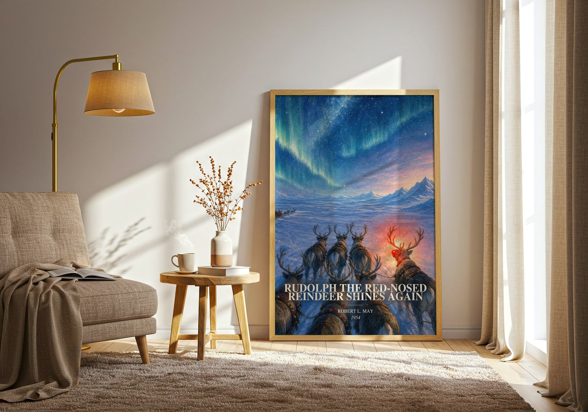 Rudolph The Red-Nosed Reindeer Shines Again watercolour print in frame leaning in hallway – childrens wall art
