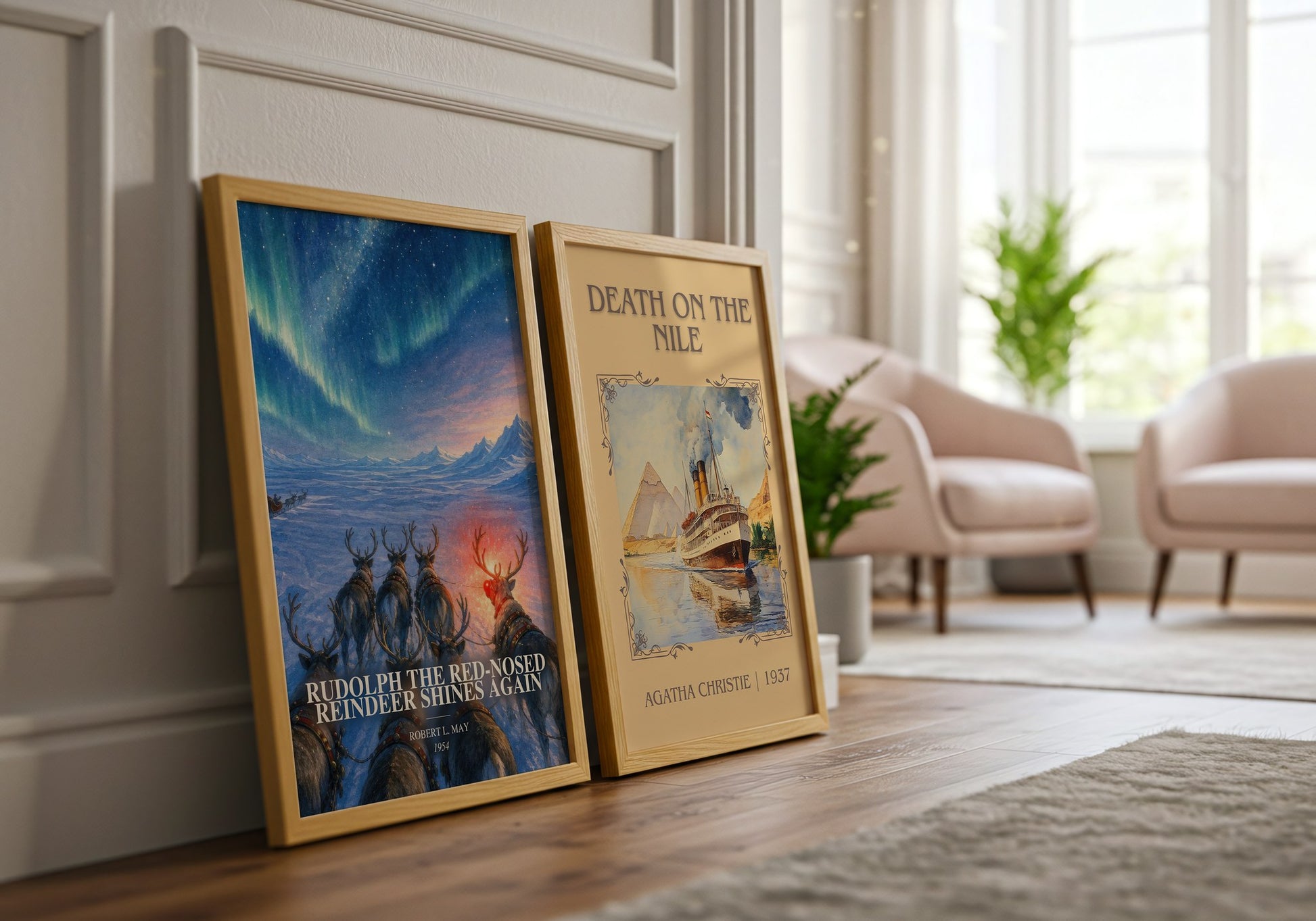 Rudolph The Red-Nosed Reindeer Shines Again watercolour print framed by window – literary home decor