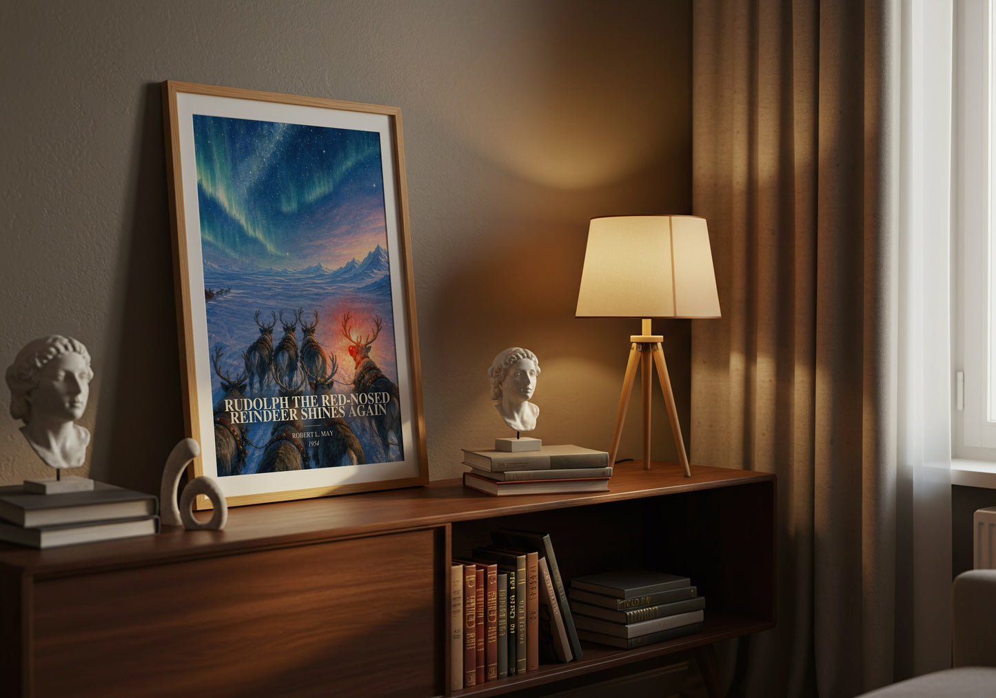 Rudolph The Red-Nosed Reindeer Shines Again watercolour print on bookshelf – Robert L. May fan gift
