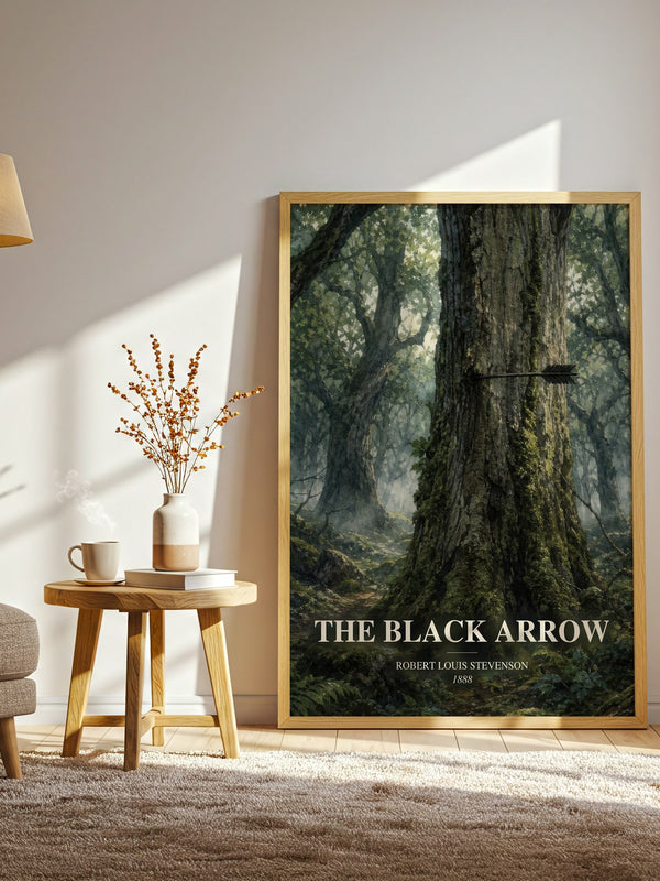 The Black Arrow watercolour print in frame leaning in hallway – historical fiction wall art