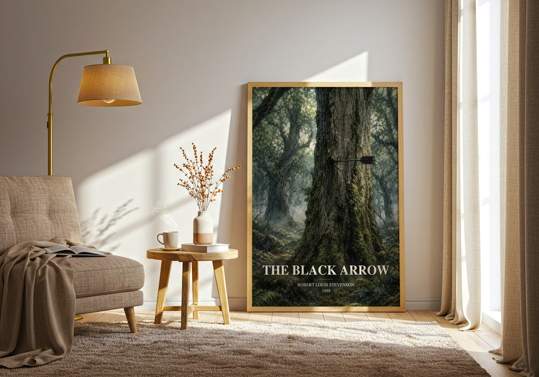 The Black Arrow watercolour print in frame leaning in hallway – historical fiction wall art (mockup)
