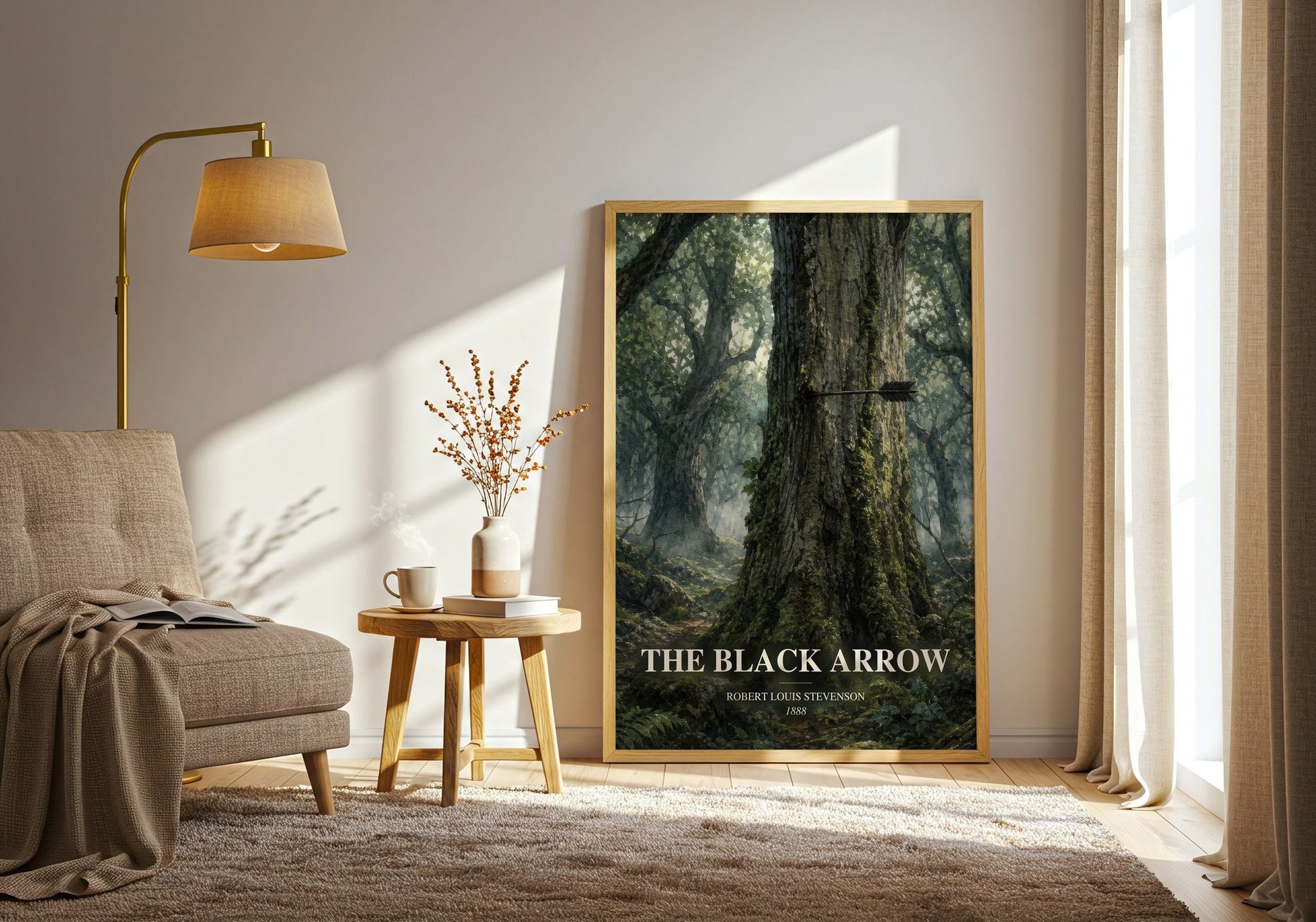 The Black Arrow watercolour print in frame leaning in hallway – historical fiction wall art
