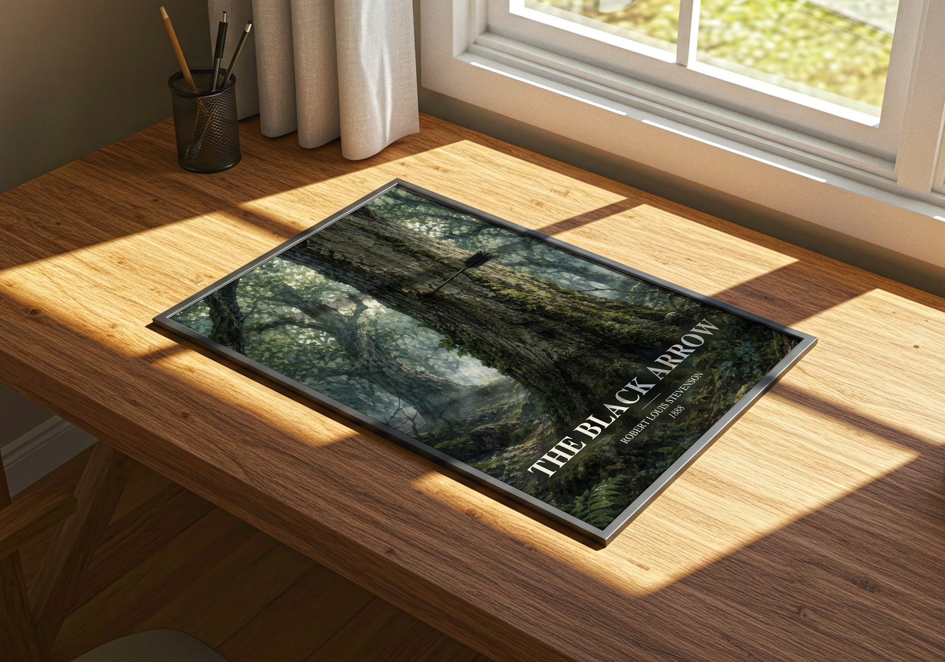 The Black Arrow watercolour book poster framed on wall – historical fiction wall art