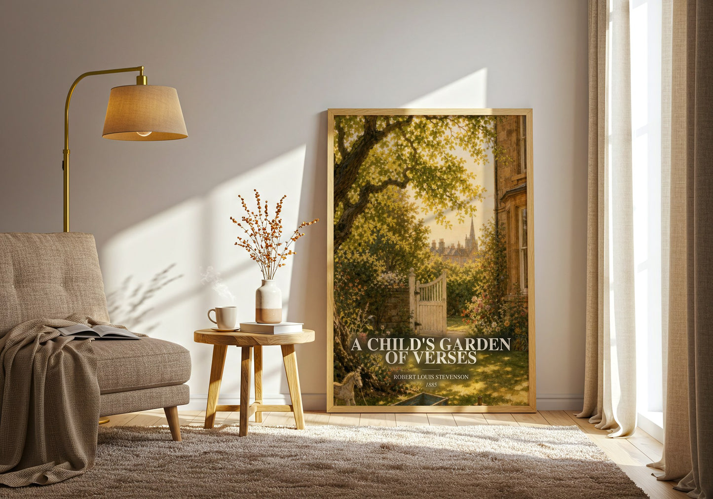 A Child'S Garden Of Verses watercolour print in frame leaning in hallway – poetry wall art