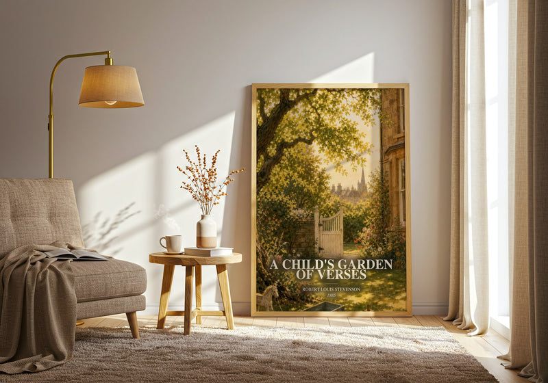 A Child'S Garden Of Verses watercolour print in frame leaning in hallway – poetry wall art