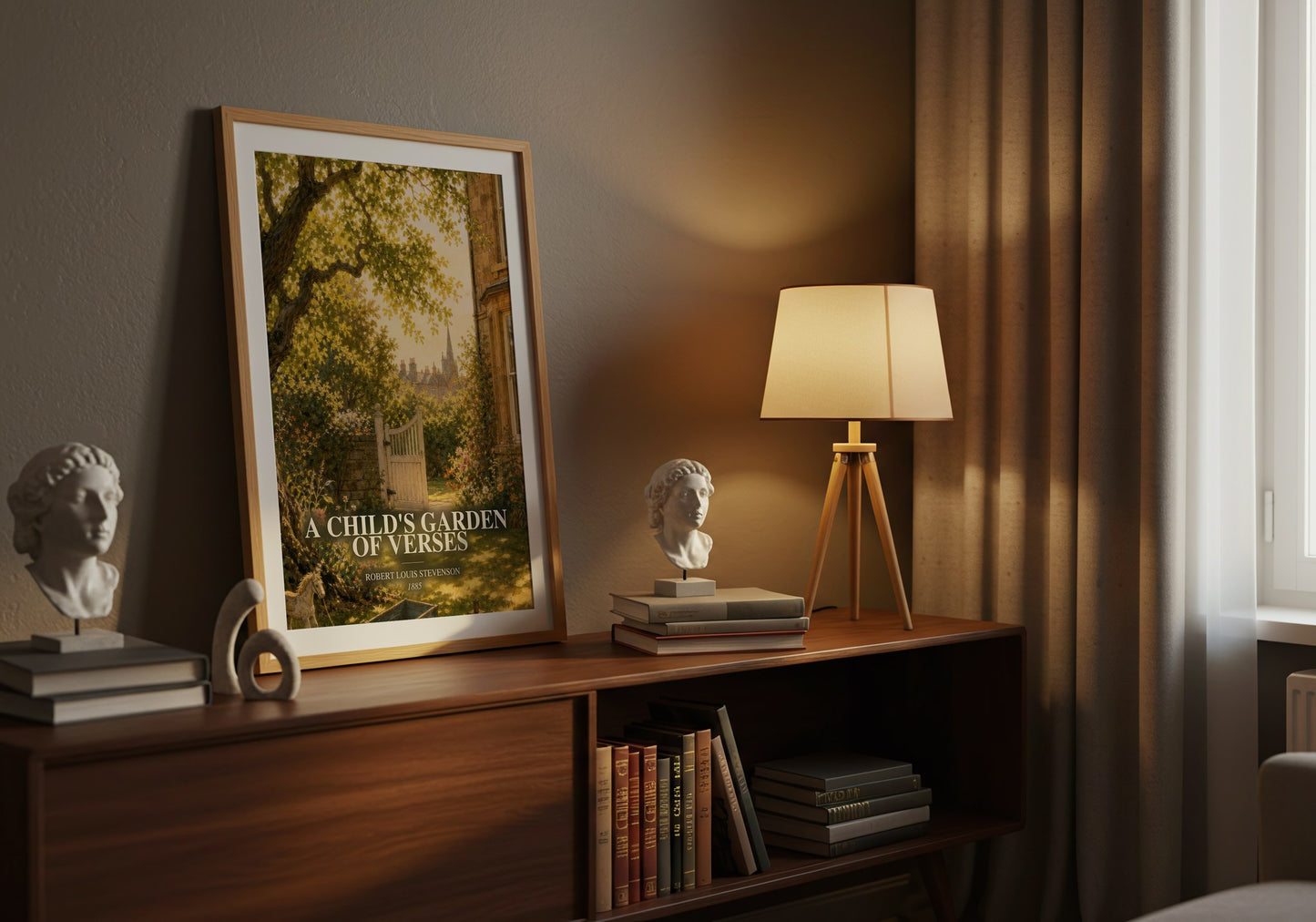 A Child'S Garden Of Verses watercolour print on bookshelf – Robert Louis Stevenson fan gift