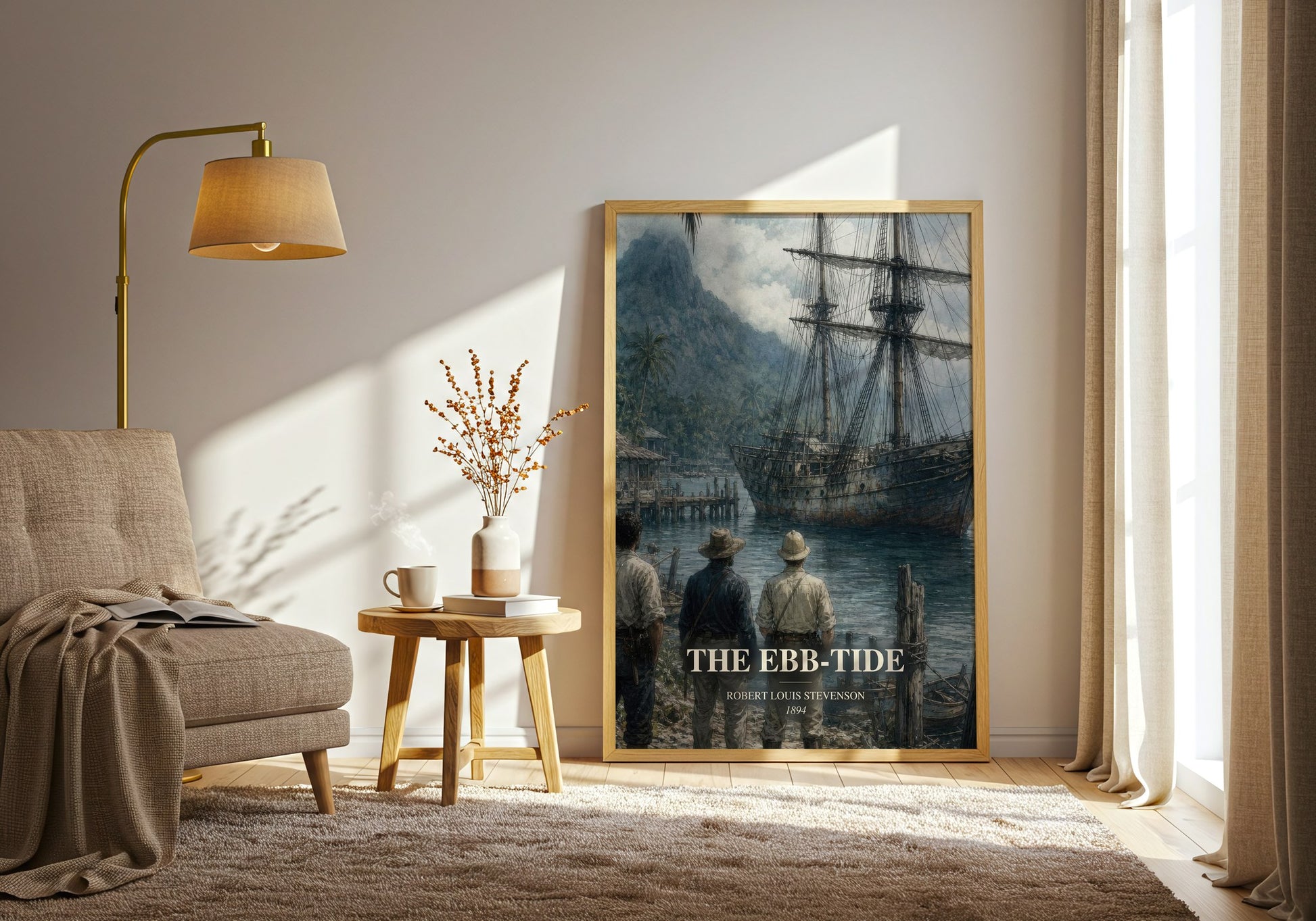The Ebb-Tide watercolour print in frame leaning in hallway – adventure wall art
