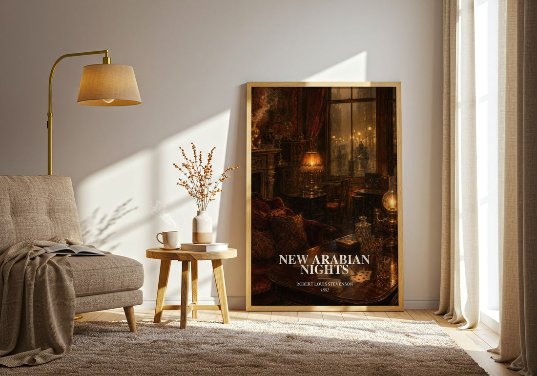 New Arabian Nights watercolour print in frame leaning in hallway – adventure wall art (mockup)