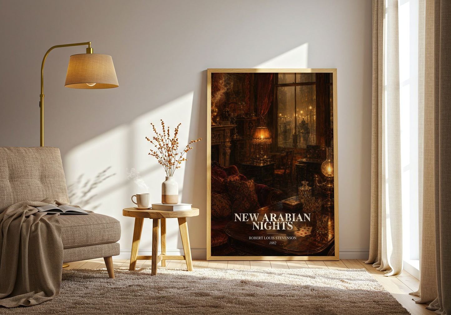 New Arabian Nights watercolour print in frame leaning in hallway – adventure wall art