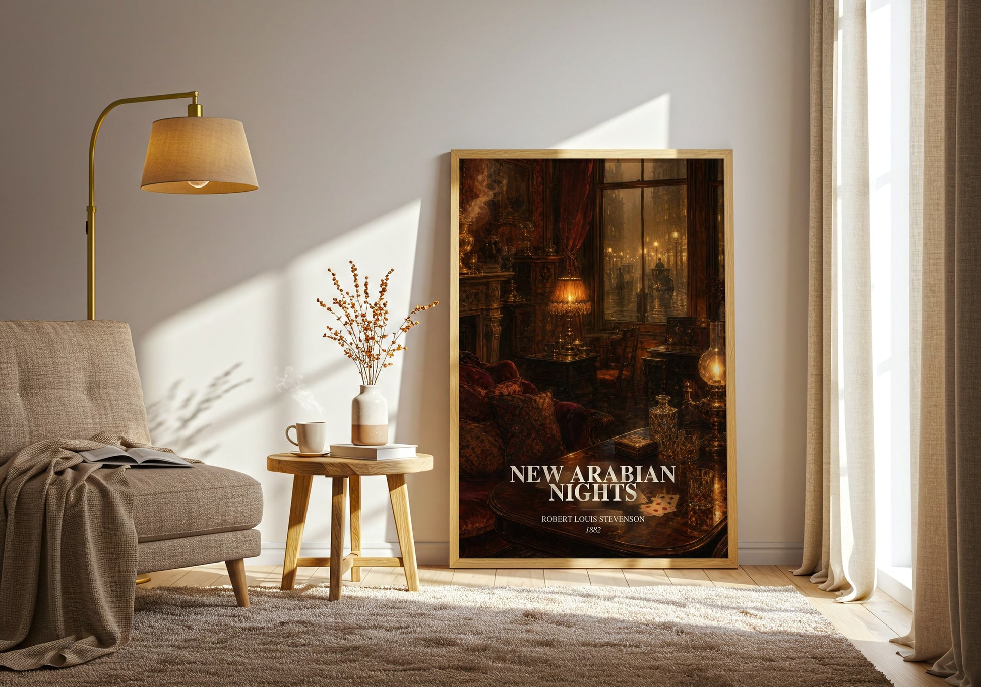 New Arabian Nights watercolour print in frame leaning in hallway – adventure wall art