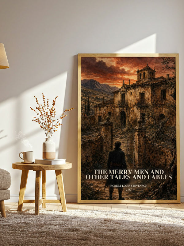 The Merry Men And Other Tales And Fables watercolour print in frame leaning in hallway – classic literature wall art