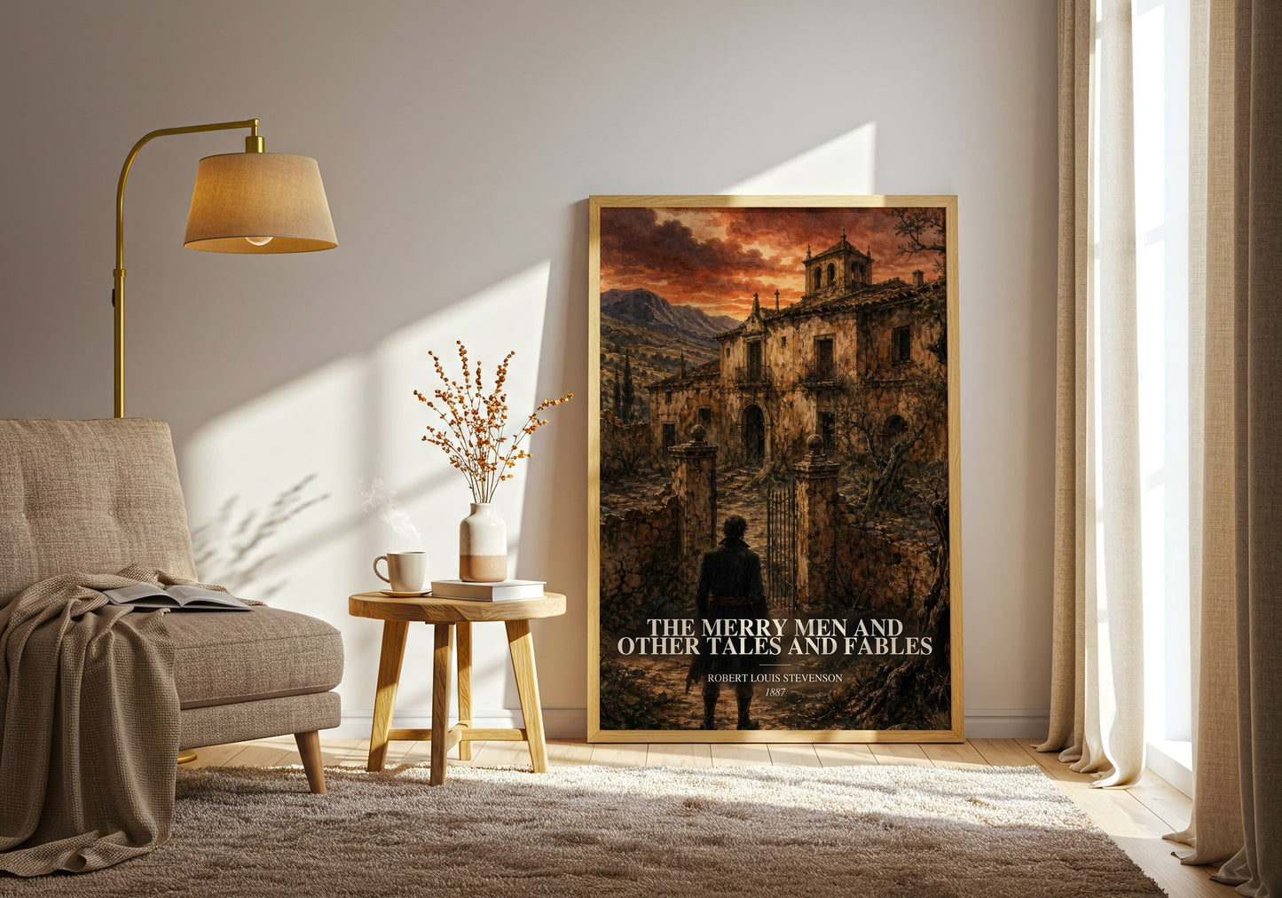 The Merry Men And Other Tales And Fables watercolour print in frame leaning in hallway – classic literature wall art
