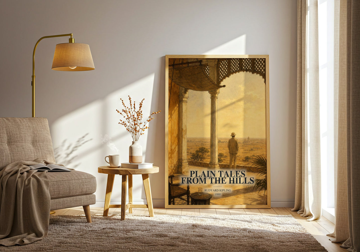 Plain Tales From The Hills watercolour print in frame leaning in hallway – classic literature wall art