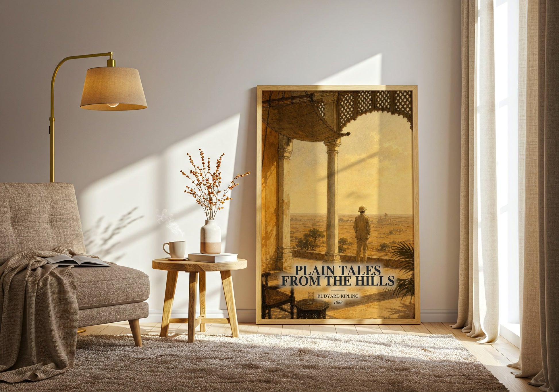 Plain Tales From The Hills watercolour print in frame leaning in hallway – classic literature wall art
