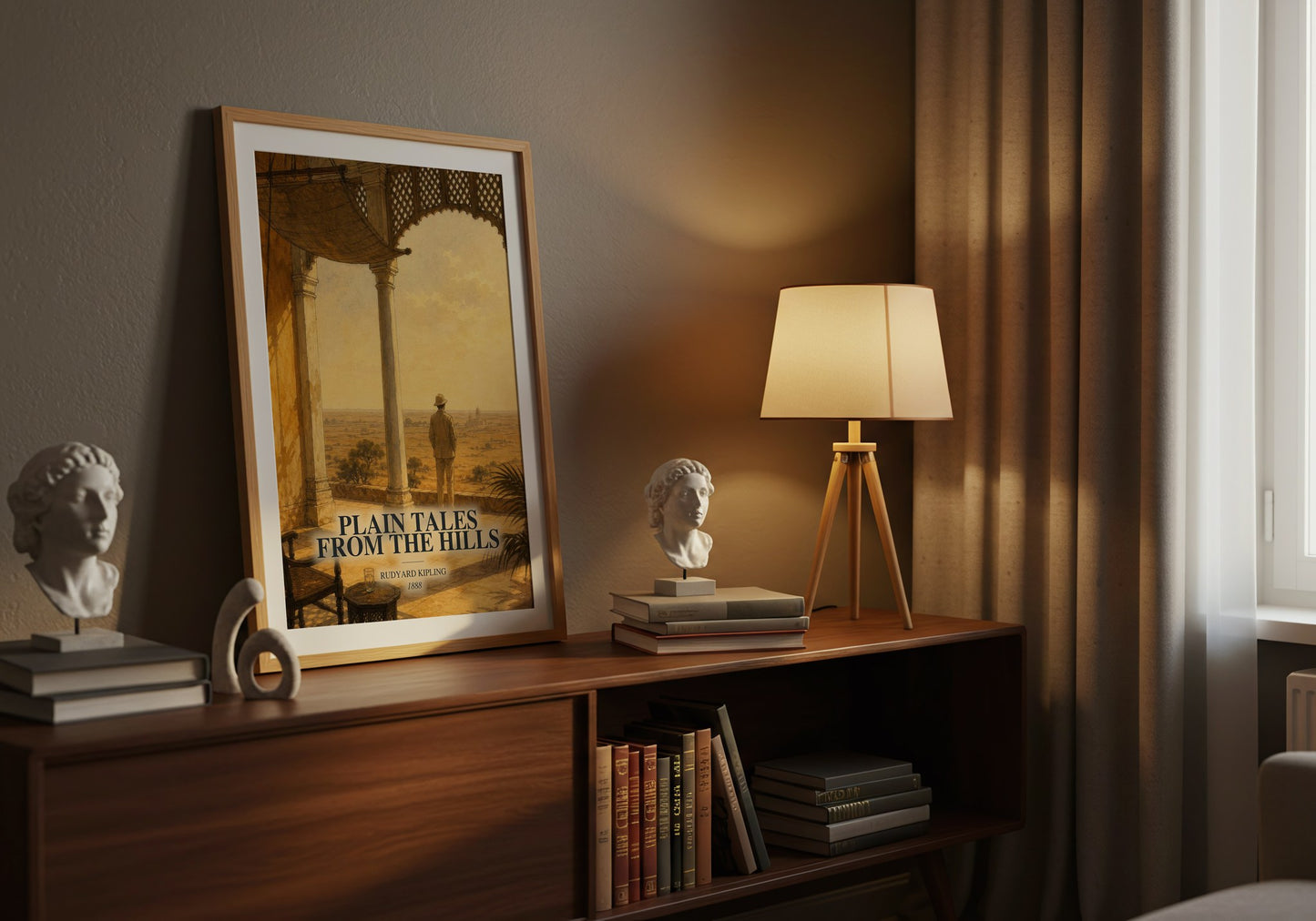 Plain Tales From The Hills watercolour print on bookshelf – Rudyard Kipling fan gift