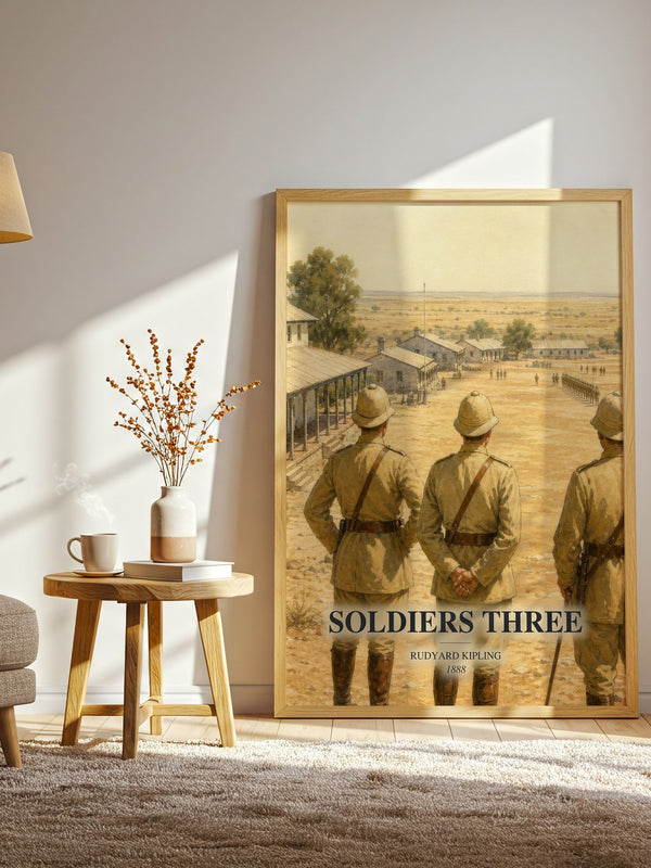 Soldiers Three watercolour print in frame leaning in hallway – adventure wall art