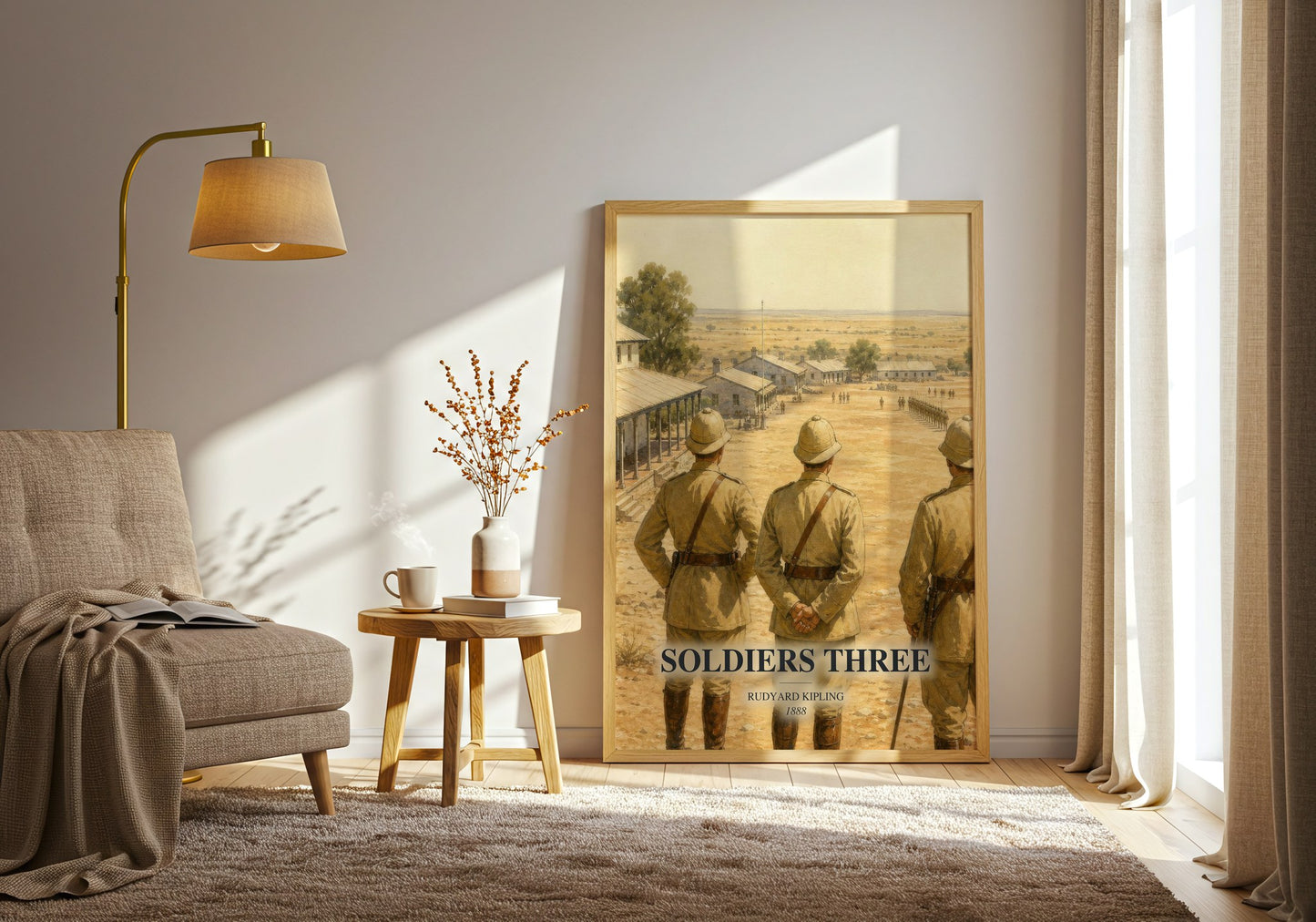 Soldiers Three watercolour print in frame leaning in hallway – adventure wall art