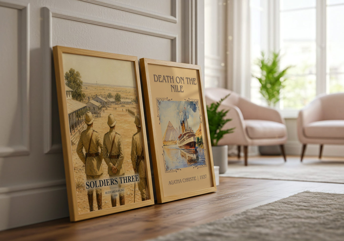 Soldiers Three watercolour print framed by window – literary home decor