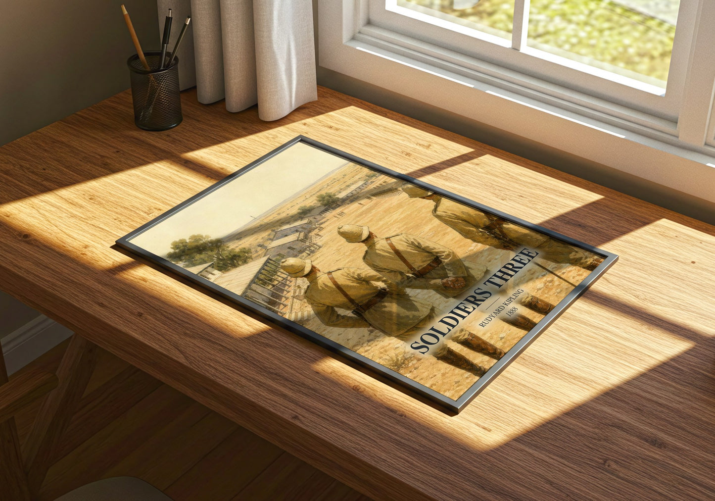 Soldiers Three watercolour book poster framed on wall – adventure wall art