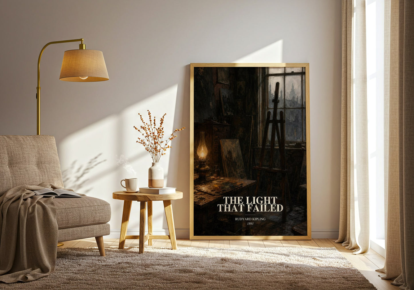 The Light That Failed watercolour print in frame leaning in hallway – literary fiction wall art
