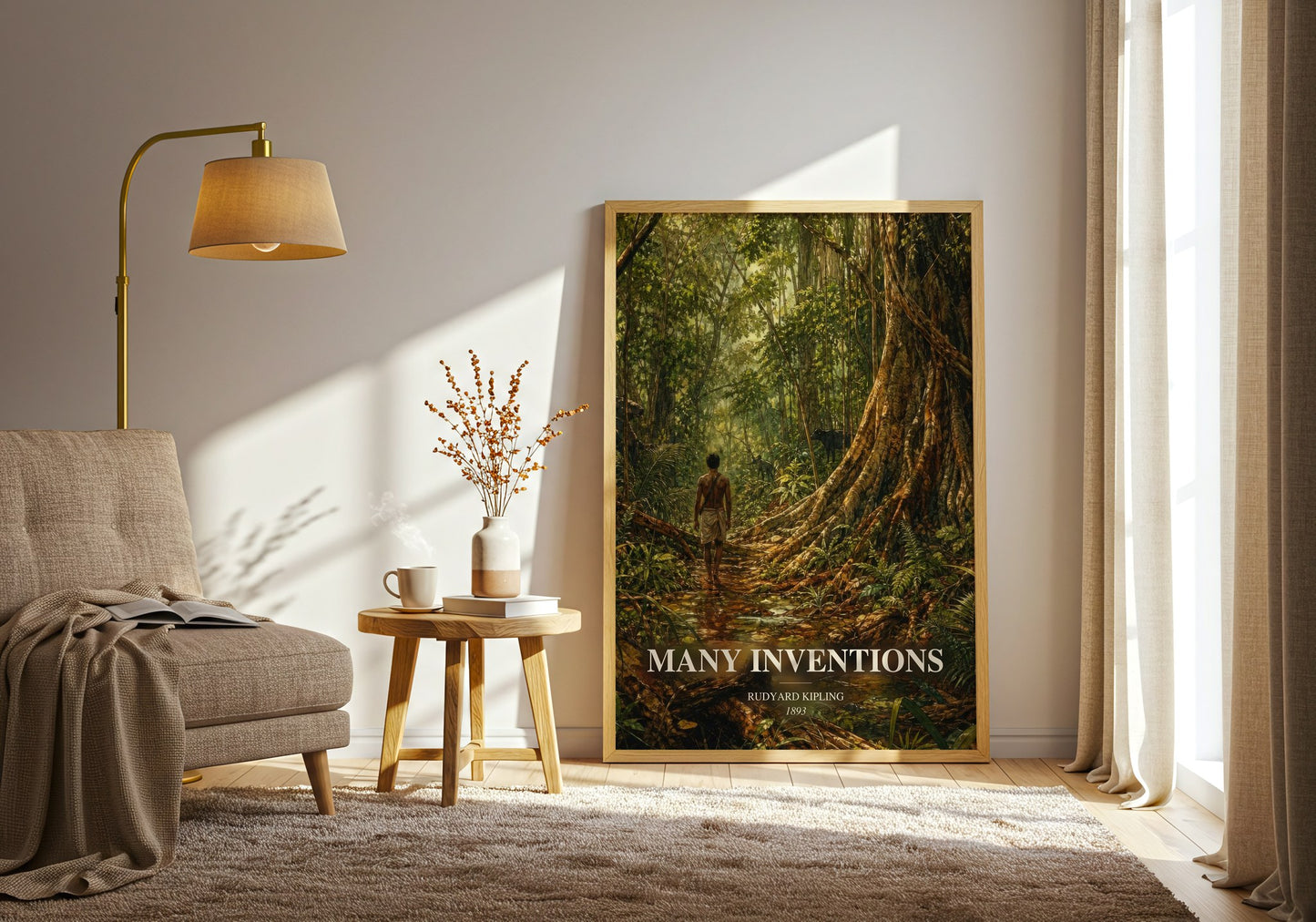 Many Inventions watercolour print in frame leaning in hallway – classic literature wall art