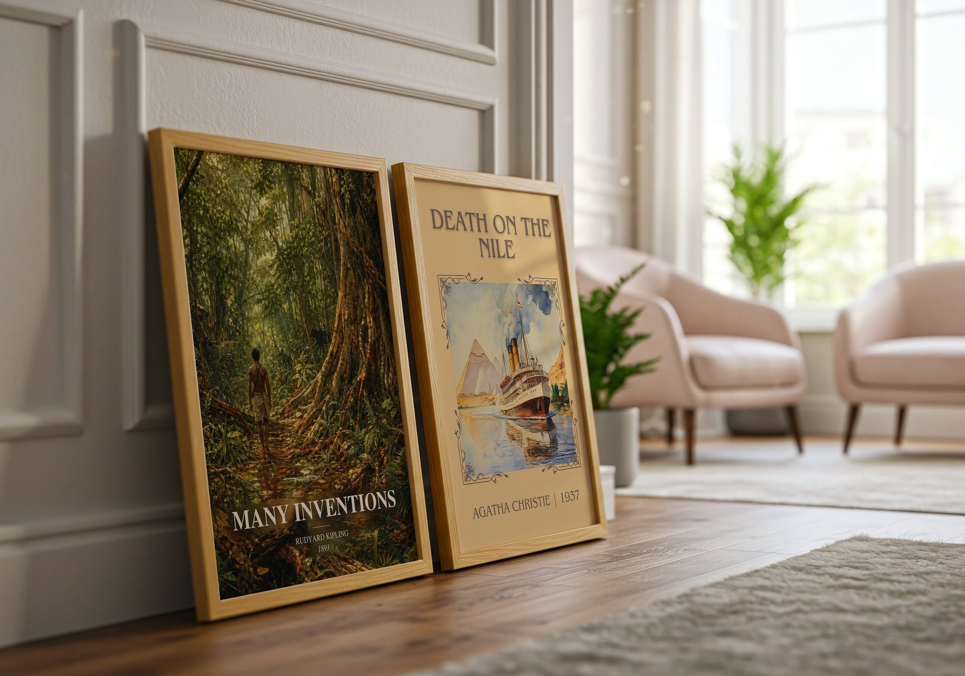 Many Inventions watercolour print framed by window – literary home decor
