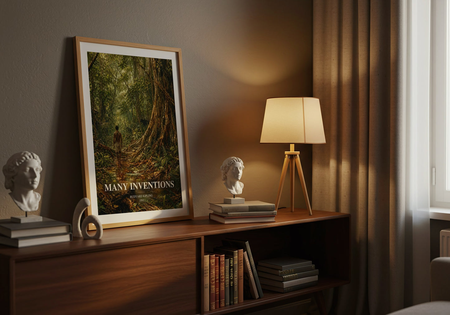Many Inventions watercolour print on bookshelf – Rudyard Kipling fan gift